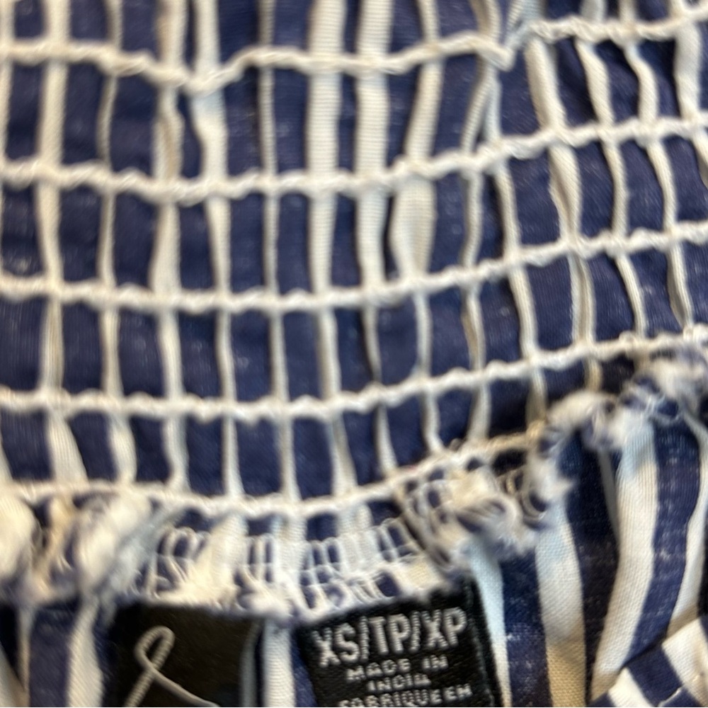 La Classe Couture Off the Shoulder Striped Cotton Embroidered Dress White Blue - Picture 4 of 5